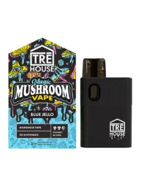 Tre House Vape. Featuring the playful fusion of tangy blueberry and refreshing jello, enhanced by the mystical touch of magic mushrooms